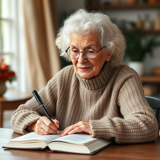 Generate an image of an elderly woman with curly white hair, sitting at a table writing in a book, wearing a cozy sweater and glasses, with a soft-focus background to emphasize her expression, using a DSLR camera, aperture f/2.8, ISO 400, with a 50mm lens, natural lighting for a warm atmosphere.