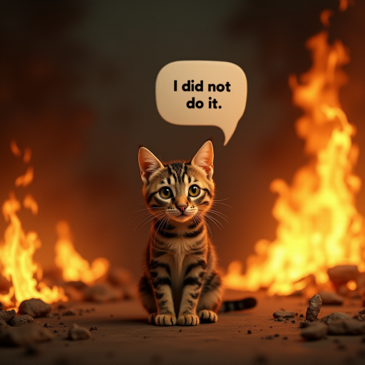 Photorealistic image of an innocent-looking cat sitting calmly in the middle of a burning room. Flames engulf the room, with fire licking up the walls and smoke filling the air. The cat is sitting on the floor, looking directly at the viewer with wide, innocent eyes. Above the cat, a speech bubble says "I did not do it" The contrast between the cat's calm demeanor and the chaos around it creates a humorous and surreal scene.