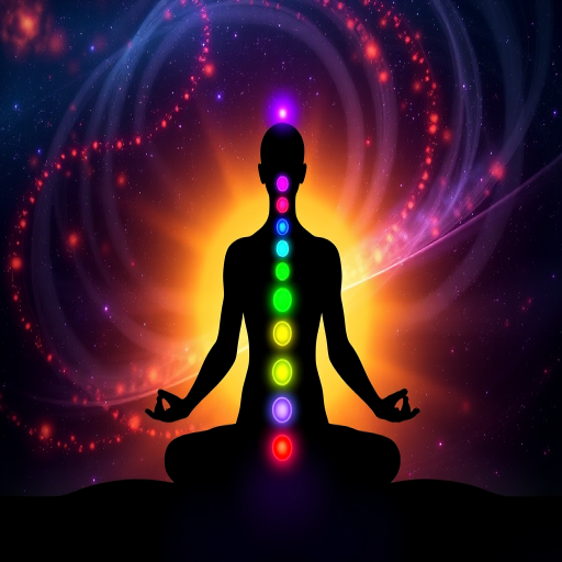 Create a high-resolution digital artwork of a silhouetted figure meditating with vibrant chakra colors glowing along the spine, surrounded by a cosmic background of swirling energy and light patterns, using a Canon EOS R5 with a 50mm f/1.2 lens, aperture set to f/1.8, ISO 100, and a soft focus effect to enhance the dreamy atmosphere.