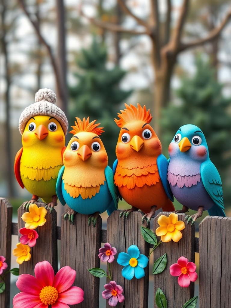 create a scene of 4 quirky  whimsical colourful comical birds each with a funny expression. they are sat on a wooden fence with colourful flowers. they are all different sizes. each one is a different colour  one is wearing a woolly hat. Each one has a different quirky google expression and there is a muted background of trees watercolour paintierly style high definition 8k resolution 3D paper mache