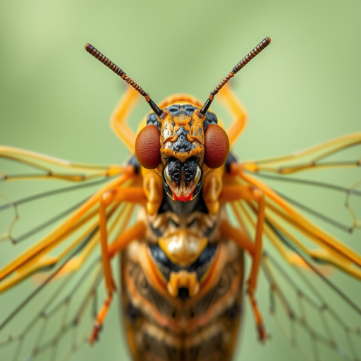 Create a highly detailed illustration of a cicada viewed from directly above, using a DSLR camera with a macro lens, aperture set to f/2.8 for a shallow depth of field, ISO 100 for crisp image quality, and a shutter speed of 1/200s to capture fine details.