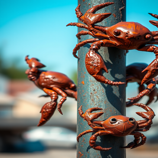 Capture a close-up of rusty metal sculptures resembling crabs on a vertical pole, with a shallow depth of field to blur the background, using a DSLR camera at f/2.8, ISO 100, 1/200s, natural lighting.