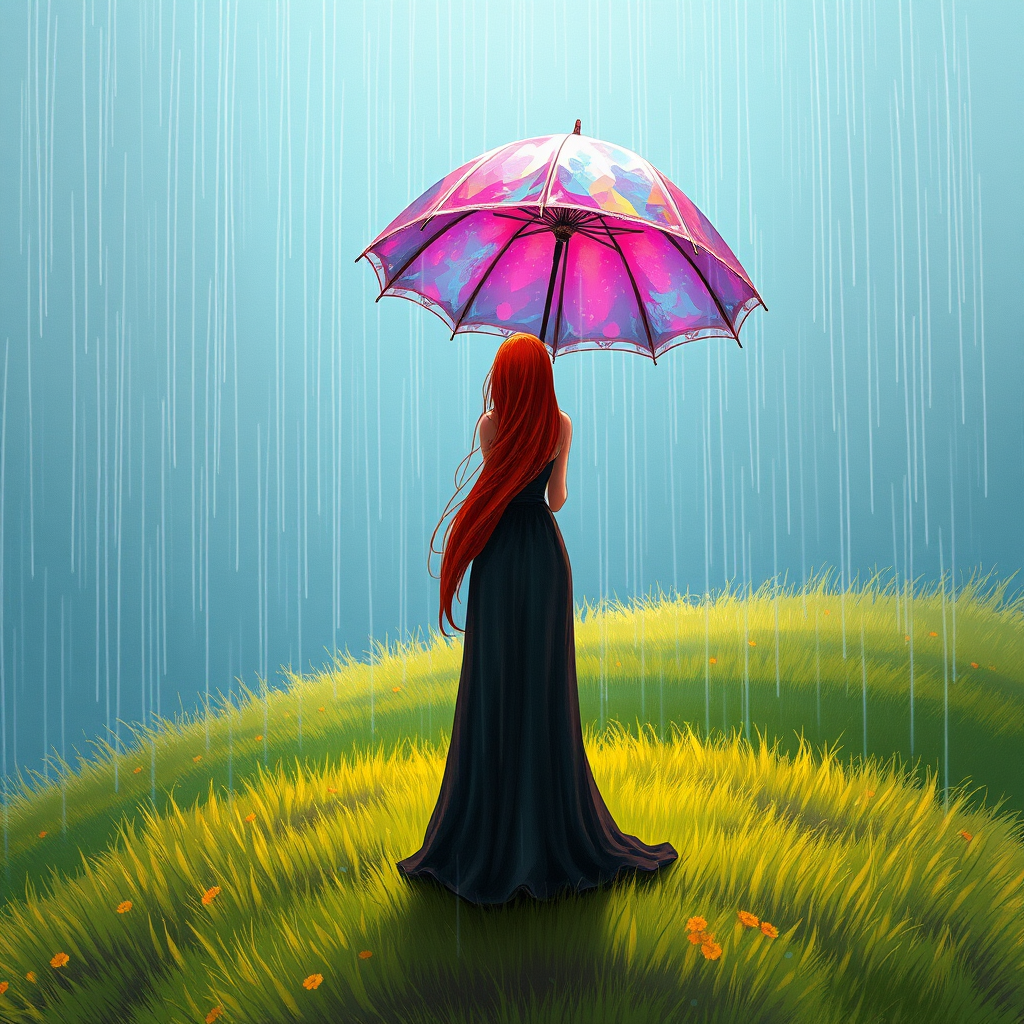 A surreal hand-drawn digital artwork depicting a mysterious red-haired woman standing on a grassy hill under the rain. She holds an umbrella crafted from iridescent zircon, its vibrant sheen contrasting with the soft, rainy atmosphere. The scene feels dreamlike, blending the natural elements of the hill and rain with the otherworldly shimmer of the umbrella.