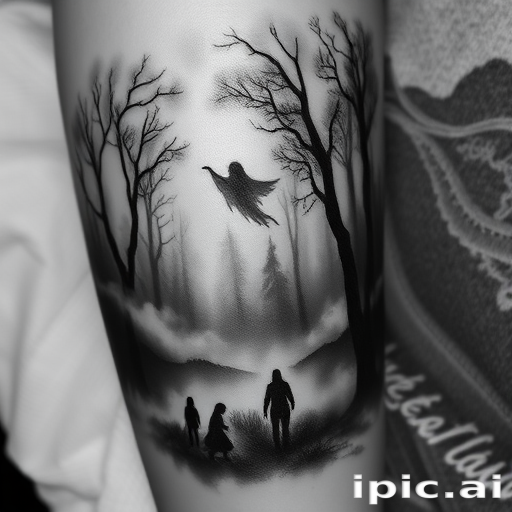 Atmospheric black and gray tattoo called "Misty Reverie" depicting a ethereal forest scene with ghostly figures and swirling mist, utilizing soft gradients and negative space for a haunting effect
