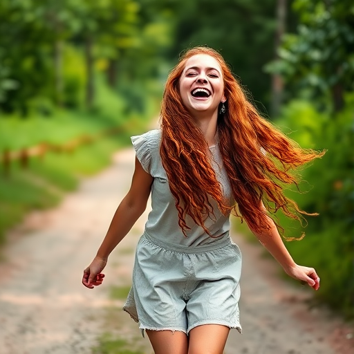A joyful young woman with long, curly red hair laughing and jumping on a dirt road surrounded by greenery, shot with a Canon EOS R5, 85mm lens, f/1.8, ISO 100, natural lighting, shallow depth of field for a blurred background effect.