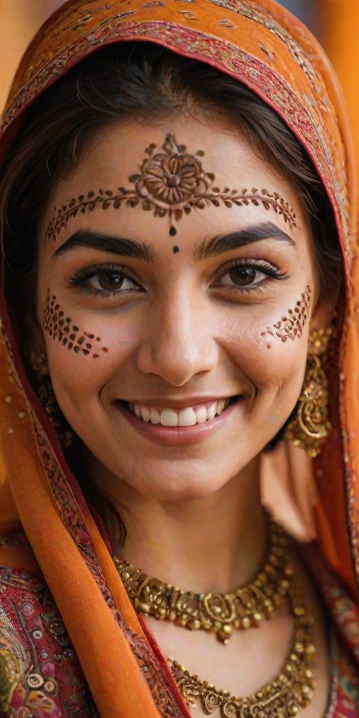 Close-up of a woman’s face adorned with intricate henna designs, her smile radiating warmth, with soft fabrics and vibrant colors in the background enhancing the cultural richness of the moment.