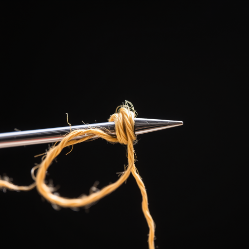 Generate a high-resolution image of a sewing needle with a thread looped through its eye, in bright lighting, macro view, f/2.8, 1/250 sec, ISO 100, DSLR camera.