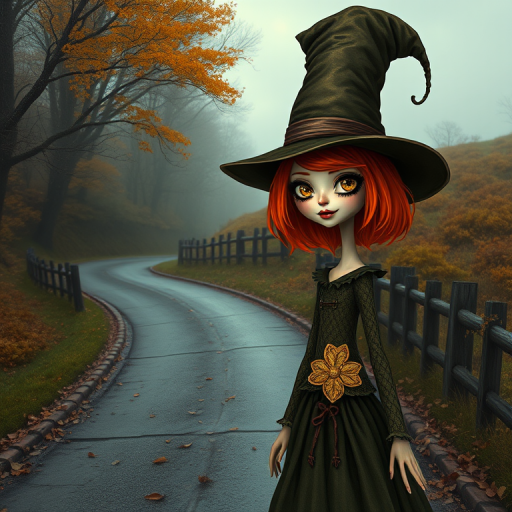 digital art fantasy depicting a strange girl with orange hair, long eyelashes, brown lipstick and a tall hat walking along a winding road on an autumn afternoon, an Oyster smiles as she passes