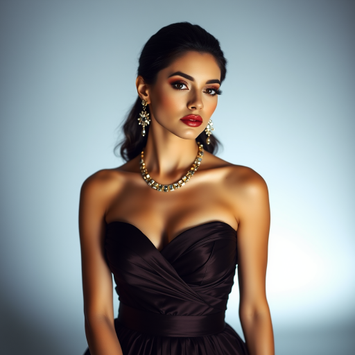 Studio portrait, female model, elegant couture dress, bold makeup, dramatic lighting, Shoot over the shoulder using a telephoto lens to focus on small details like jewelry, makeup, or fabric textures
