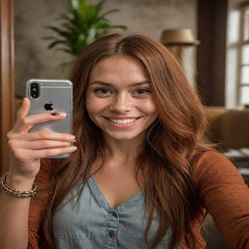 A medium shot selfie photo featuring a young woman and an orangutan, with indoor artificial lighting and a rustic setting captured in clear detail; the image features a warm color palette. The young woman, of Caucasian descent, has a fair skin tone with visible pores and natural texture, and her brown hair is tied back into a neat bun. She has a relaxed expression, smiling slightly as she takes the selfie with her phone, which is visible in the foreground of the mirror reflection. She wears a red shirt with the text "help me", and blue jeans, accessorized with bracelets and a small handbag slung over her shoulder. Standing beside her is an orangutan, slightly shorter in height with characteristic reddish-brown fur, standing comfortably with its gaze directed at the camera. The orangutan's expression is calm. The background shows an old, textured wall with a ladder-like decoration and some lush greenery. The warm artificial lighting adds depth to the scene, emphasizing the rough texture of the walls and the details of the subjects. The overall atmosphere is casual and playful, with the warm tones enhancing the rustic ambiance