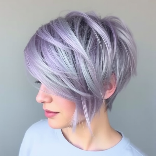 Ethereal lavender gray hair in a textured pixie cut, created by Misty Twilight, showcasing a soft, wispy finish with subtle lilac highlights and delicate silver leaf accents