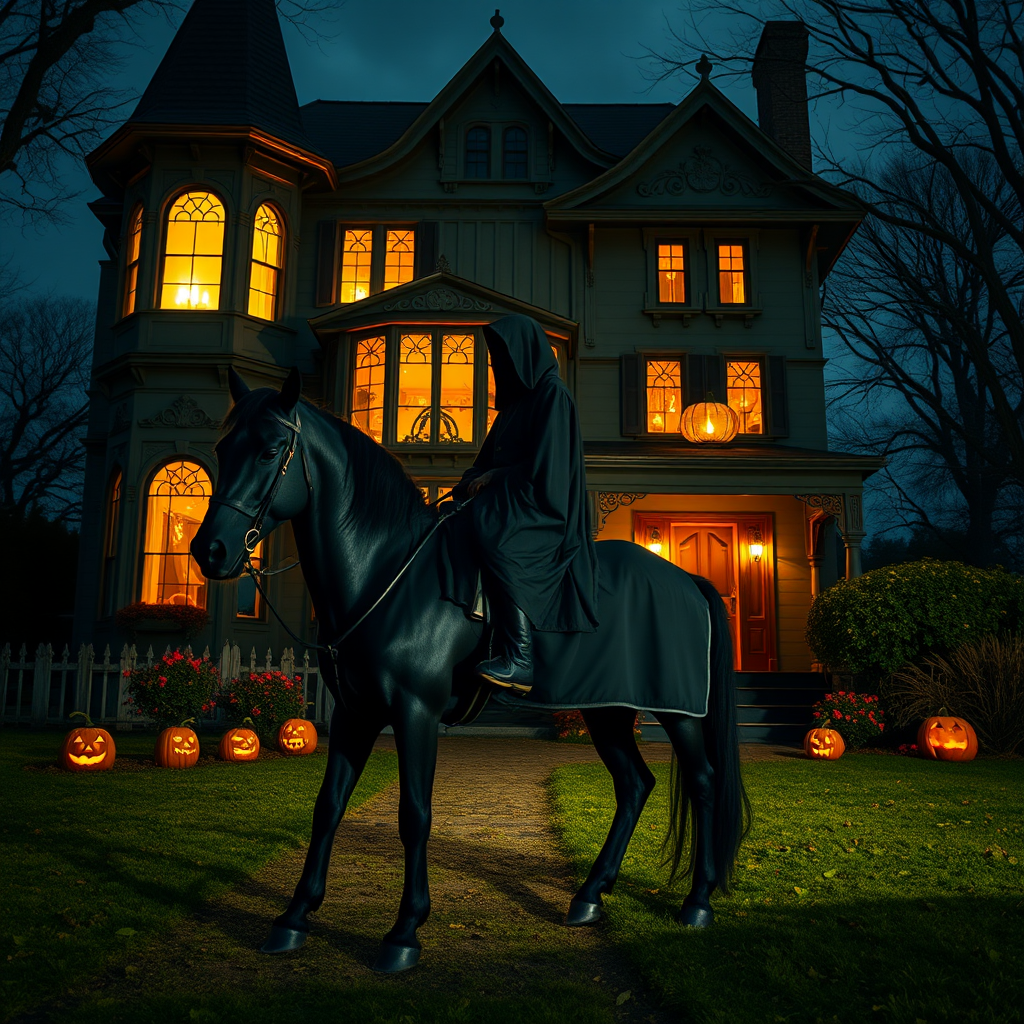 hauntingly beautiful scene of a robed figure on a black horse in front of a spooky, Victorian-style haunted house with glowing windows and carved pumpkins, shot with a Canon EOS R5, 50mm lens, f/1.8 aperture, ISO 100, night mode, long exposure to capture vibrant colors and details in low light.