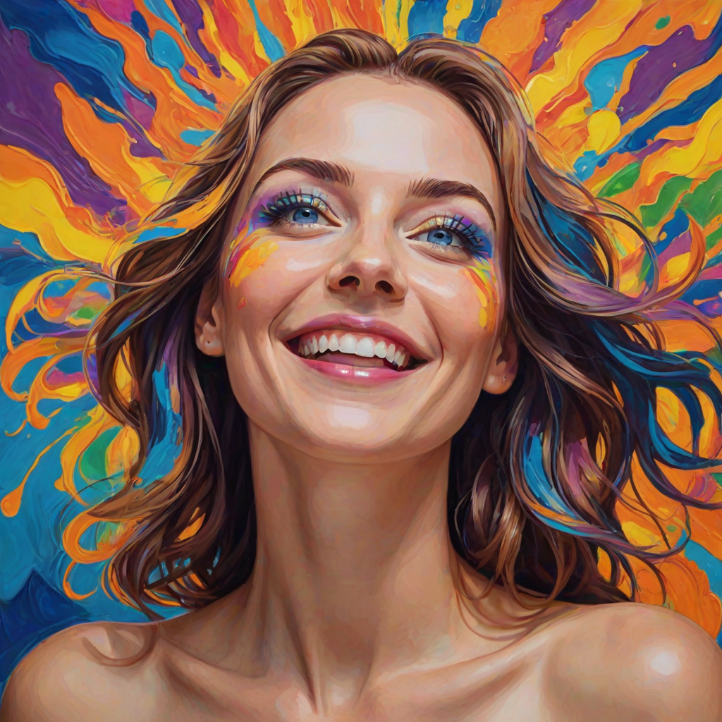 Generate a psychedelic portrait of a woman's happy face with brushstrokes of a woman smiling and looking up at the sky, emphasizing bright and bold colors. The dominant color should be deep blue, with swirling patterns of yellow, green, pink, purple and orange. open blue eyes with long eyelashes, apply an orange-yellow eyeshadow for a mesmerizing effect.