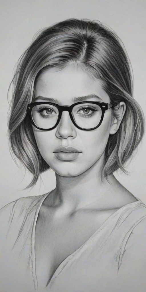 Delightful Adele Exarchopoulos, pencil sketch, portrait of Comely woman 1969s in glasses, hair style beatnik, outline, clear lines, fine lines, 8k