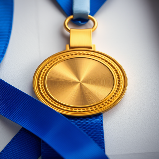 Generate a highly detailed gold medal with blue ribbons, focusing on a smooth surface finish, shot with a Canon EOS R5, 50mm lens, f/2.8 aperture, ISO 100, using a soft diffused lighting setup to enhance reflections and texture.