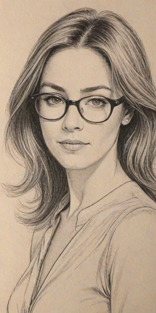Radiant Christa Miller, pencil sketch, portrait of Elegant woman 1979s in glasses, hair style beatnik, outline, clear lines, fine lines, 8k