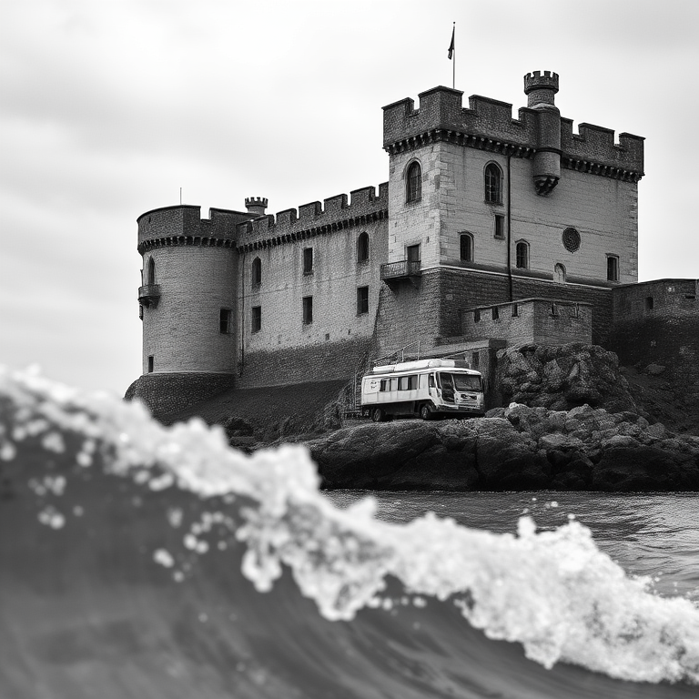 Regenerate a high-resolution black and white image of a historic castle by the sea with intricate architectural details, using a Canon EOS R5, 50mm lens, f/1.8, ISO 100, and a shallow depth of field to emphasize the texture of the stone and the waves in the foreground.