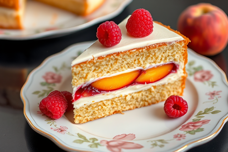 A slice of layered cake with raspberries and peaches on a decorative white plate with a floral design, set on a dark surface, showcasing the creamy texture and colorful fruit filling.