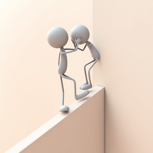 a 3D illustration of two stick figure characters, one climbing on the other's shoulders to reach over a wall, captured with a DSLR camera at f/8 aperture, 50mm lens, angled view for dynamic perspective, soft diffused lighting for even highlights and shadows