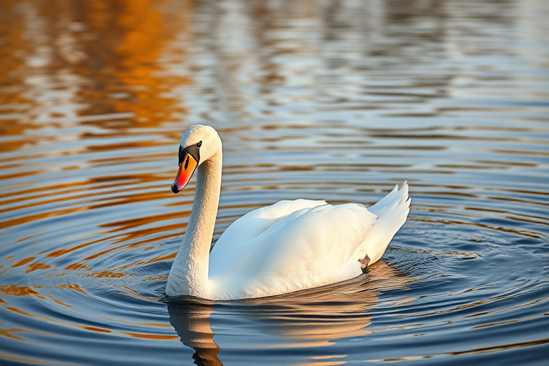 white swan swimming in calm water with ripples, golden hour lighting, shallow depth of field, 50mm lens, f/1.8 aperture, ISO 200, 1/250 sec, soft focus background, natural habitat, DSLR camera, landscape orientation