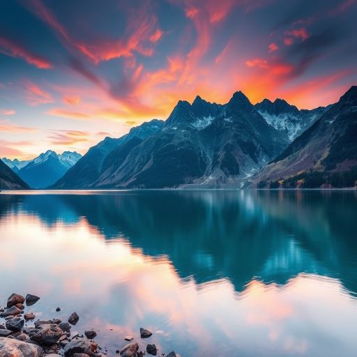 Generate a high-resolution image of a serene landscape featuring a calm lake surrounded by mountains at sunset, using a DSLR camera with a 24mm lens, f/8 aperture, ISO 100, 1/125 second exposure, in landscape view, with vibrant colors and enhanced saturation for clarity.