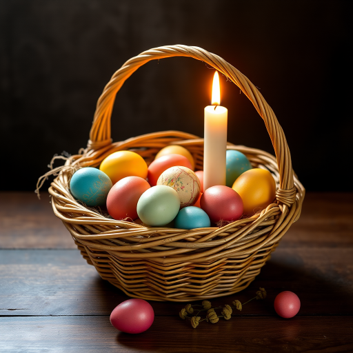 Create a still life composition featuring a woven basket filled with colorful eggs and a lit candle, warm soft lighting, shallow depth of field, ISO 100, f/2.8, 50mm lens, natural light, dark textured background.