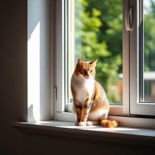 Generate a high-resolution image of a cat sitting on a windowsill, captured with a DSLR camera at f/2.8 aperture, ISO 200, shutter speed 1/500 sec, using a 50mm lens, in natural light for soft shadows and vibrant colors.
