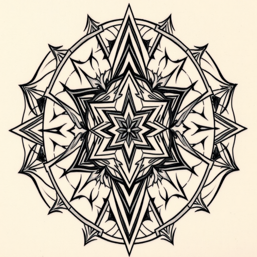Geometric tattoo named "Sacred Symmetry" featuring interlocking shapes and patterns forming a complex three-dimensional design, incorporating optical illusions and precise linework