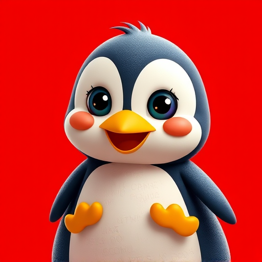Generate a colorful cartoon penguin character with a bright red background, using a Canon EOS 5D Mark IV with a 50mm f/1.8 lens, aperture set to f/2.8, ISO 100, and a shallow depth of field for enhanced image quality.