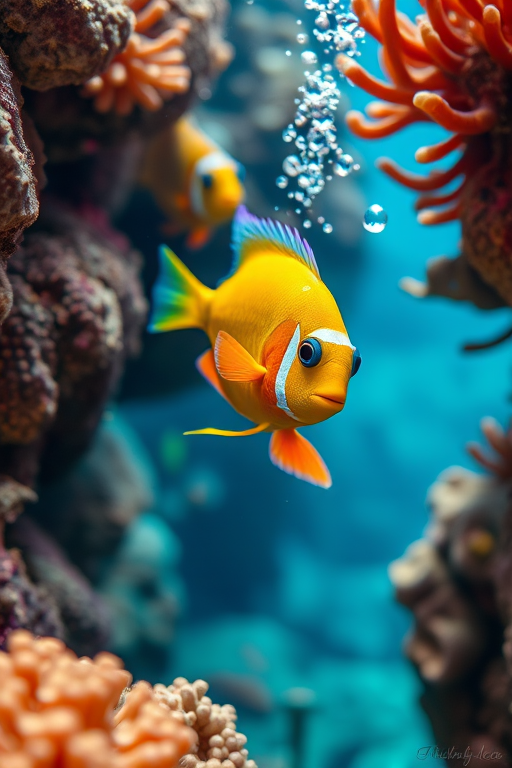 vibrant underwater scene with colorful tropical fish swimming among coral, bubbles rising, macro view, 50mm lens, f/2.8, ISO 200, soft focus background, high dynamic range imaging