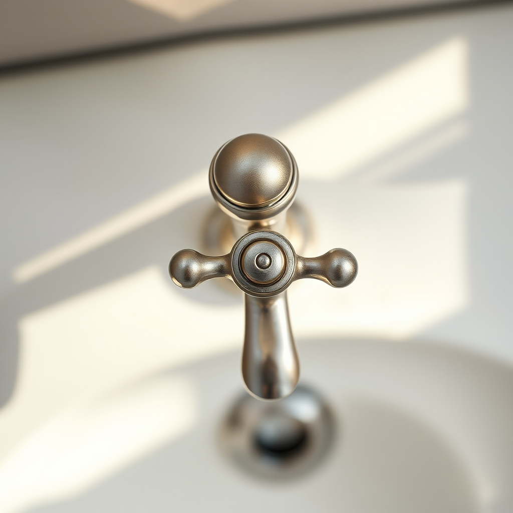 Create a high-resolution image of a vintage tap with elegant curves in a minimalistic style, captured with a DSLR camera at f/2.8 aperture, ISO 100, shutter speed 1/60, top-down view, using natural lighting for enhanced quality.