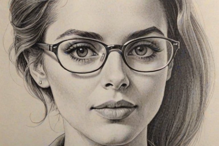 Pleasing Sophie Thatcher, pencil sketch, portrait of Ravishing woman 1968s in glasses, hair style beatnik, outline, clear lines, fine lines, 8k