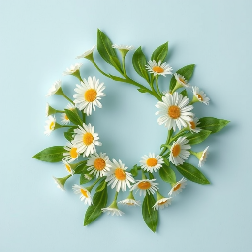Regenerate a circular floral design featuring white daisies and green leaves on a soft blue background, shot with a Canon EOS R5, 50mm lens, f/1.8 aperture, ISO 100, and a high dynamic range setting for enhanced image quality.