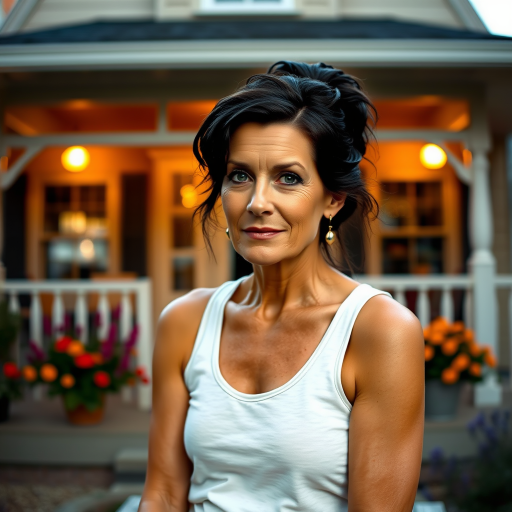 A photo of Glenn Close with a background of a cozy porch. She has dark hair pulled back in an updo, with tendrils framing her face. She wears a white tank top and sits on the porch. The porch is part of a well-lit home with a warm, earthy tone and colorful flowers and foliage. The overall scene has a warm, welcoming, and comfortable ambiance.