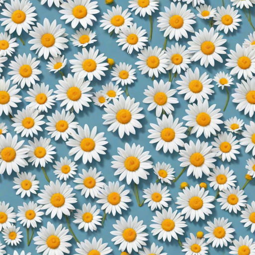 Create a seamless pattern featuring a light blue background filled with white daisies. Each daisy should have a bright yellow center and a simple, clean design. The flowers should be evenly spaced, creating a harmonious and cheerful floral pattern.