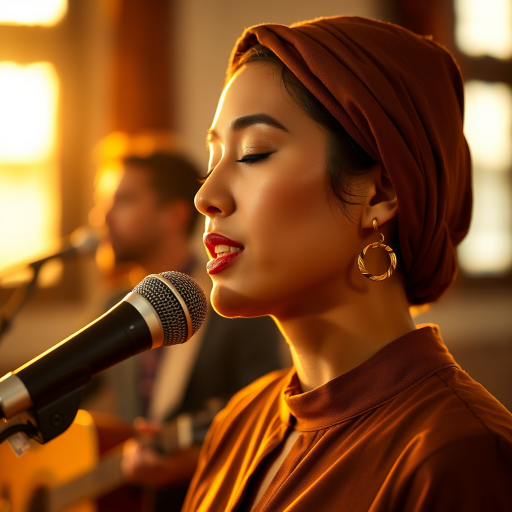 A close-up portrait of a asian woman with her eyes closed, singing into a microphone, positioned on the right side of the frame, facing the viewer. She is wearing a brown headscarf, gold earrings, and a brown blouse, and is bathed in warm, golden light emanating from the windows behind her. A blurred figure of a man singing into a microphone is visible in the background. The scene has a sense of calm and spirituality.