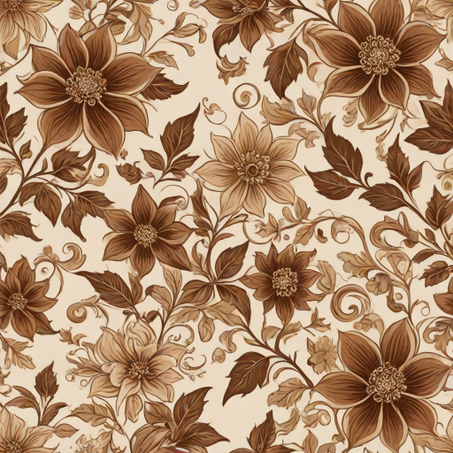 Create a seamless floral pattern featuring large brown and beige flowers with intricate designs, accompanied by smaller flowers and gentle vines on a light beige background.