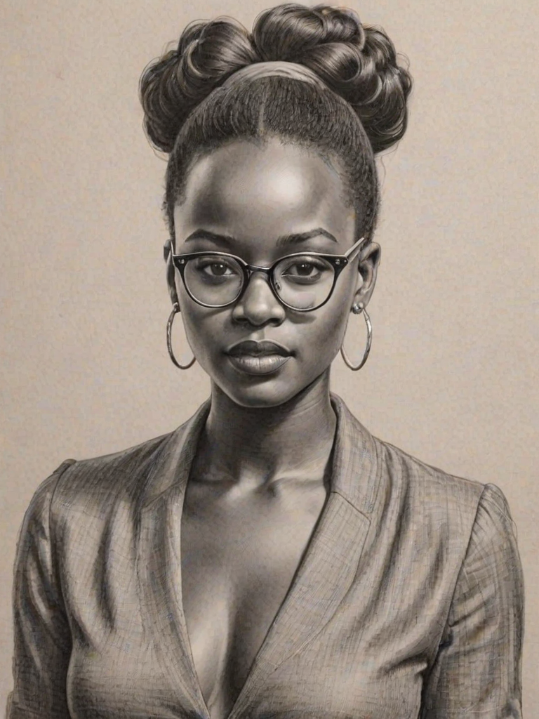 Charming Lupita Nyong'o, pencil sketch, portrait of Fascinating woman 1941s in glasses, hair style beatnik, outline, clear lines, fine lines, 8k