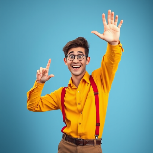 Regenerate a vibrant cartoon-style image of a man in a yellow shirt with red suspenders, posing playfully with one hand raised, using a Canon EOS 5D Mark IV, aperture f/2.8, shutter speed 1/250s, ISO 200, in a studio setting with softbox lighting for enhanced clarity and color vibrancy.