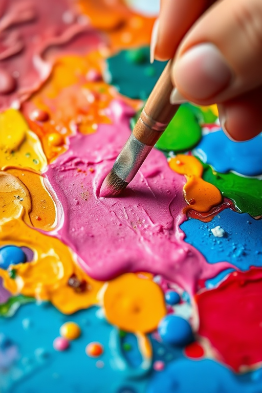 Sharp close-up of an artist's palette, vibrant blobs of oil paint blending into each other, with a hand holding a paintbrush mid-mix, soft natural light highlighting the textures.