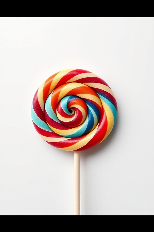 create an image of a colorful spiral lollipop on a white background, 50mm lens, f/2.8 aperture, ISO 100, top-down view, studio lighting, DSLR camera