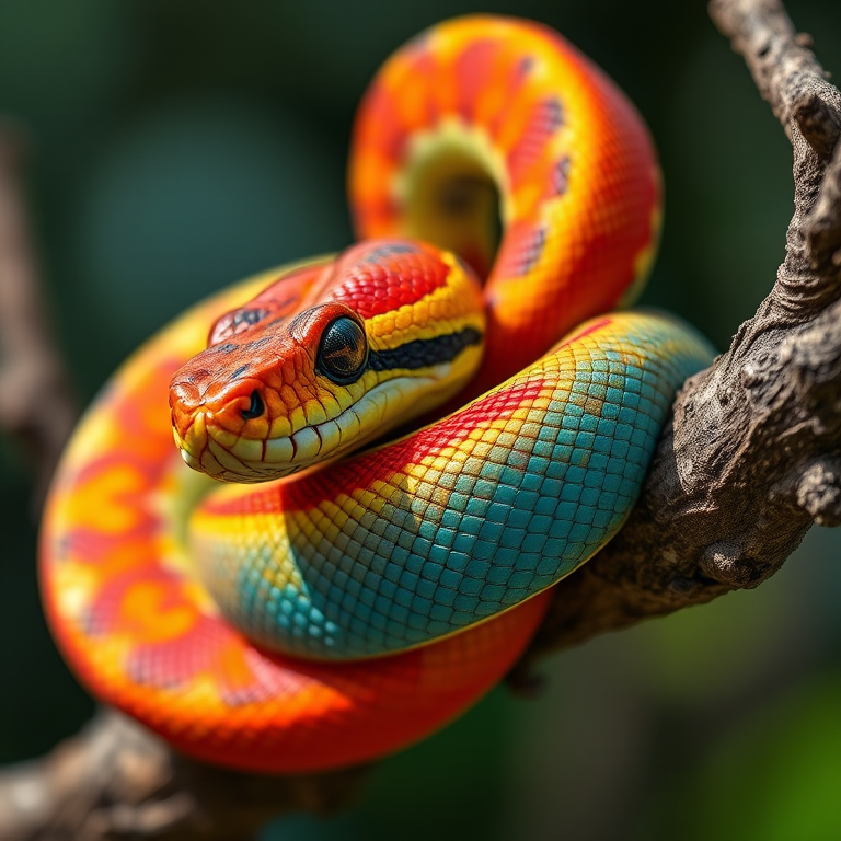 close-up shot of a vibrant snake coiled on a tree branch, natural light, f/2.8 aperture, ISO 100, 85mm lens, shallow depth of field, DSLR camera, high-resolution detail, focus on scales and textures