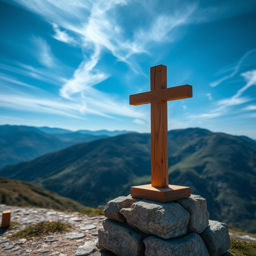 Regenerate the image of a wooden cross on a stone base in a mountainous landscape under a blue sky with wispy clouds, captured using a DSLR camera at f/8 aperture, ISO 100, 24mm focal length, with a wide-angle view to enhance depth and detail.