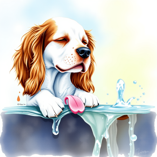 Watercolor ink illustration, A digitally created artwork of a Cocker Spaniel dog leaning on a water fountain, eyes closed, tongue out as if lapping water. The white dog has brown and cream patches, especially on its ears and face. Water splashes around it with detailed droplets. The background features a soft blue-green gradient, suggesting a sunny day. The style is realistic, focusing on the texture of fur and water for a lifelike, vibrant feel.