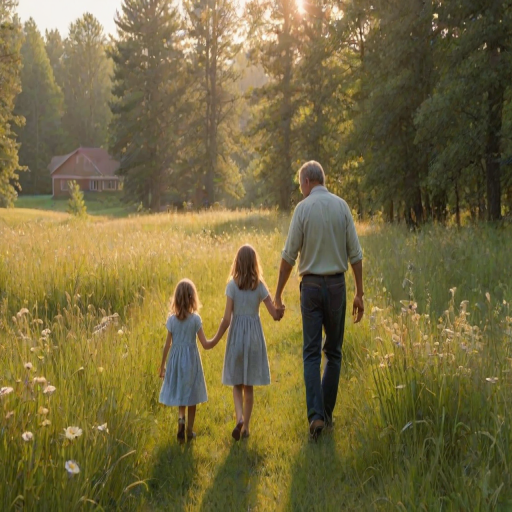 Softly lit, warm morning scene of a father and daughter walking hand-in-hand through a meadow, tall grass swaying in the breeze, sunlight filtering through the trees at the meadow's edge, wildflowers dotting the landscape, a soft smile on both of their faces, a distant farmhouse barely visible.