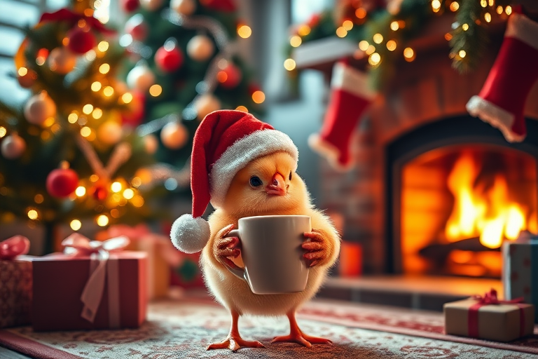 Generate a cozy Christmas scene featuring an adorable chick in a festive hat holding a warm drink, surrounded by a beautifully decorated tree, gifts, and a crackling fireplace, shot in high resolution with a Canon EOS R5, 50mm lens, f/1.8 aperture, ISO 100, soft warm lighting, and a shallow depth of field.