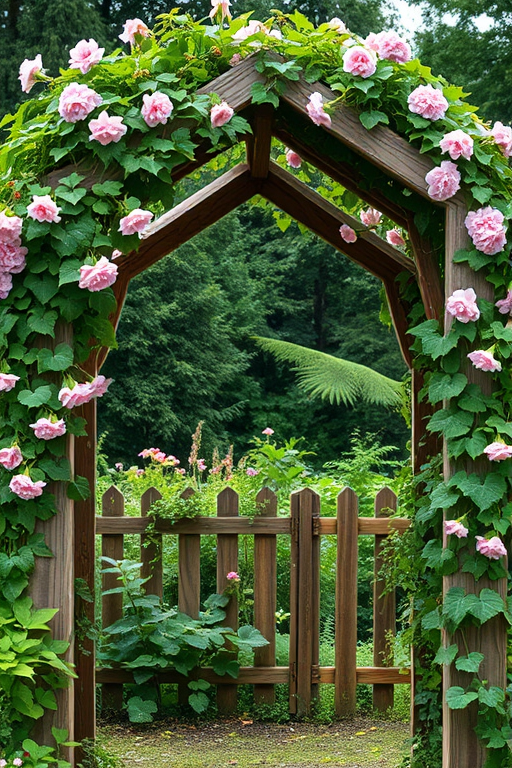 regenerate a wooden garden arch adorned with lush green vines and blooming pink flowers, shot with a DSLR camera at f/2.8 aperture, ISO 100, 50mm focal length, in natural soft lighting, from a slightly upward angle to emphasize height and depth.