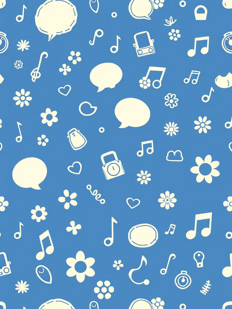 Generate a seamless pattern of simple doodles including speech bubbles, weights, flowers, and music notes on a solid blue background, using a DSLR camera with a 50mm lens, f/2.8 aperture, ISO 100, and a top-down view for enhanced detail and clarity.