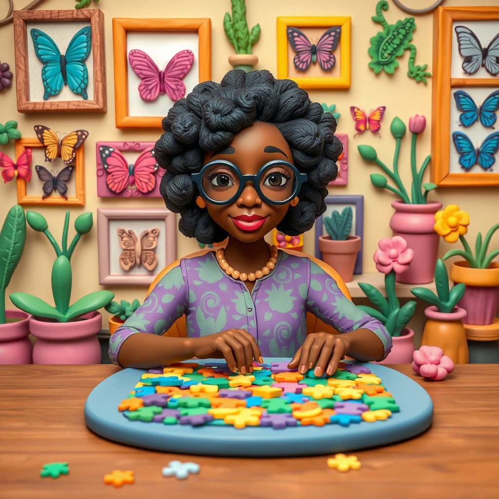 A vibrant and whimsical illustration of an african american woman sitting at a table working on a colorful jigsaw puzzle. she is wearing round glasses, and patterned clothing in shades of purple and green.  The background features an eclectic collection of framed butterflies, potted plants, and other natural elements, creating a warm and inviting atmosphere. The style is playful and modern, with rich textures, intricate details, and a lively color palette.