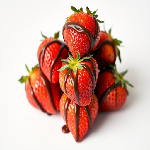 capture a vertical stack of five fresh strawberries drizzled with melted chocolate on a clean white background using a DSLR camera, f/2.8 aperture, 50mm lens, ISO 100, natural soft lighting for enhanced details and vibrant colors